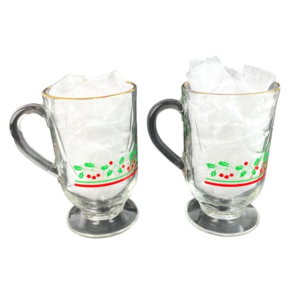 Vintage Libbey Glassware Set of 2 Glass Christmas Mugs With Holly Decor-Gold Rim - Picture 5 of 11